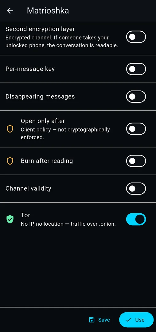 Conditions: per-message key, disappearing messages, open-after, burn after reading, validity