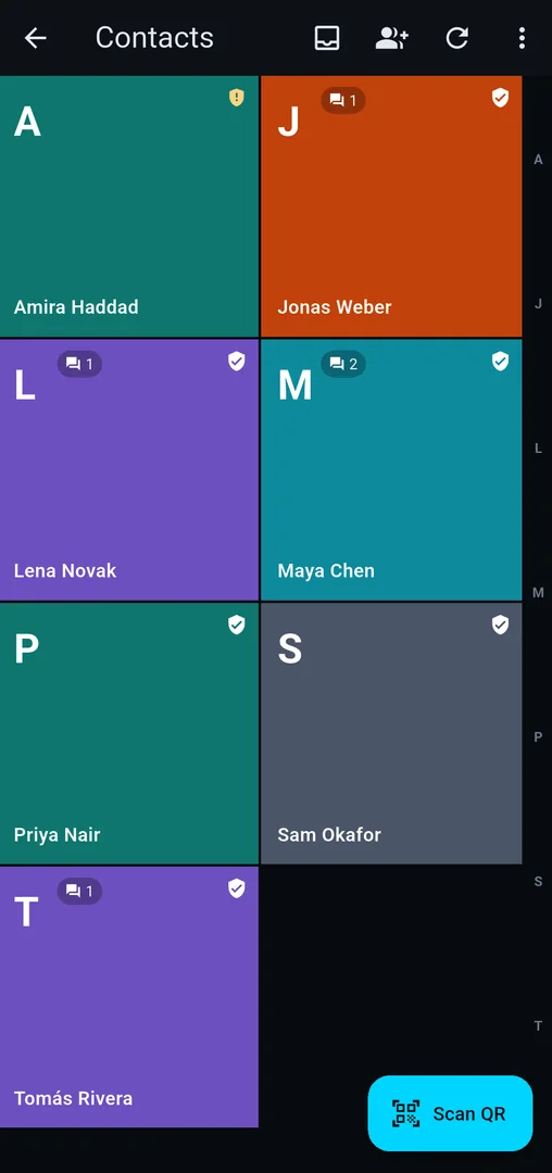 Contacts grid with trust shields