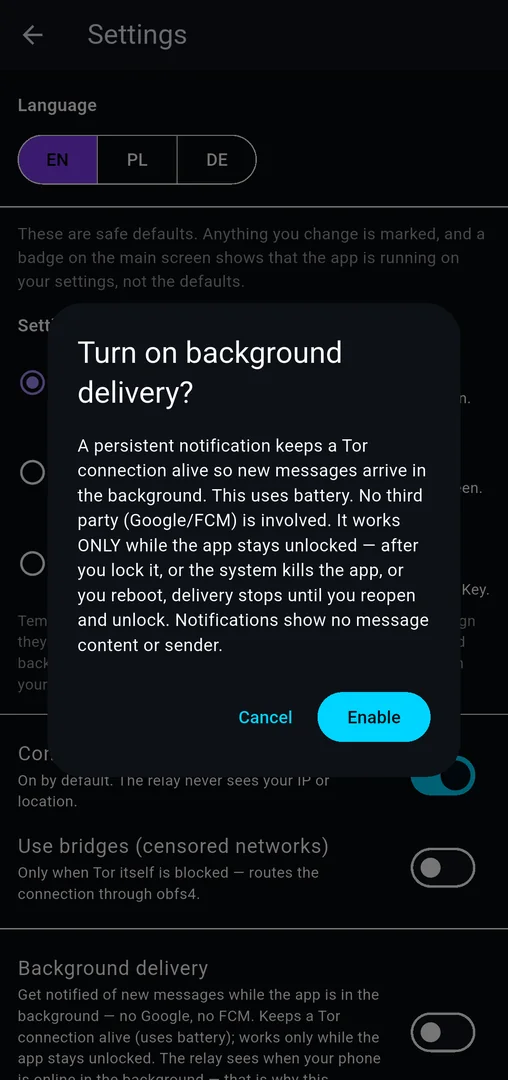 Dialog explaining background delivery without Google