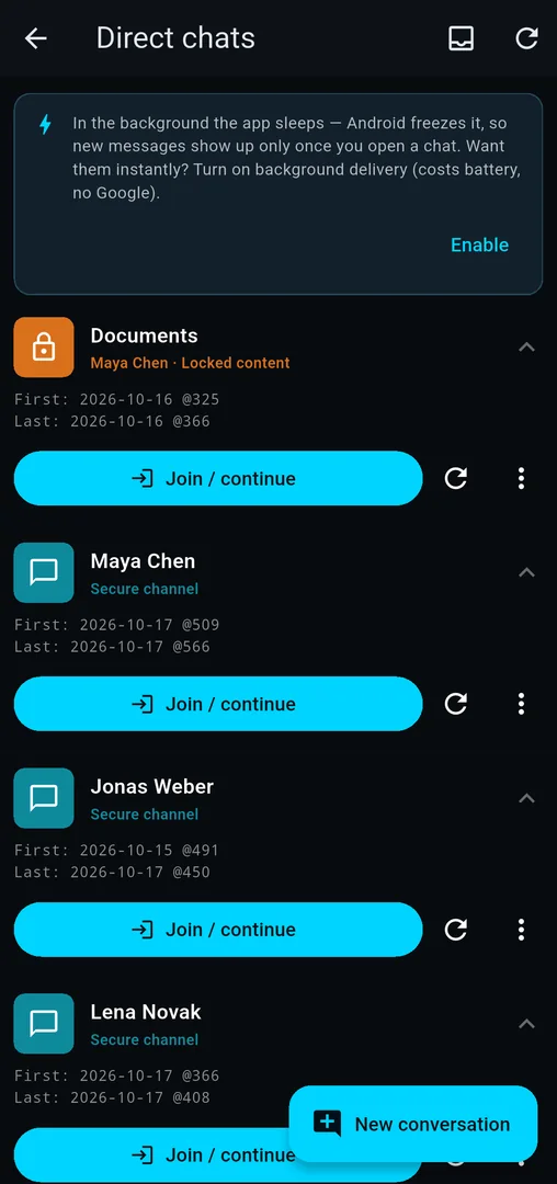 List of direct chats, each labelled with its protection mode