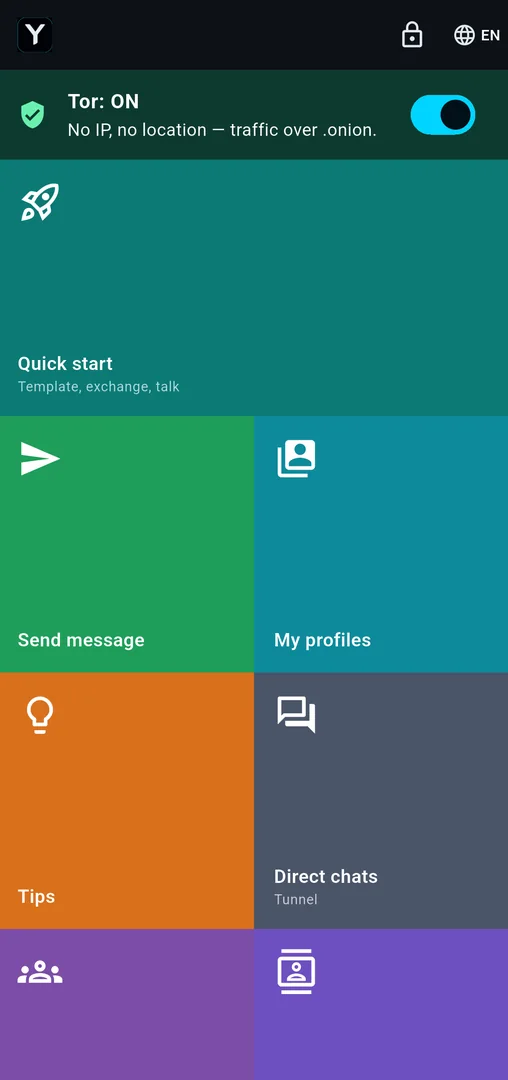 Home screen: Tor on, tiles for direct chats, groups, contacts and profiles